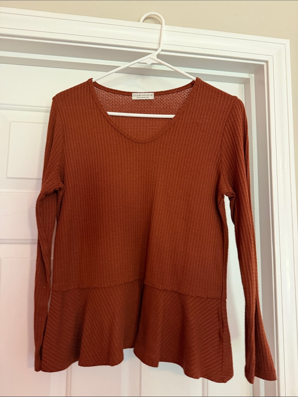 Paper Crane Rust Waffle-Knit Peplum Long-Sleeve Top